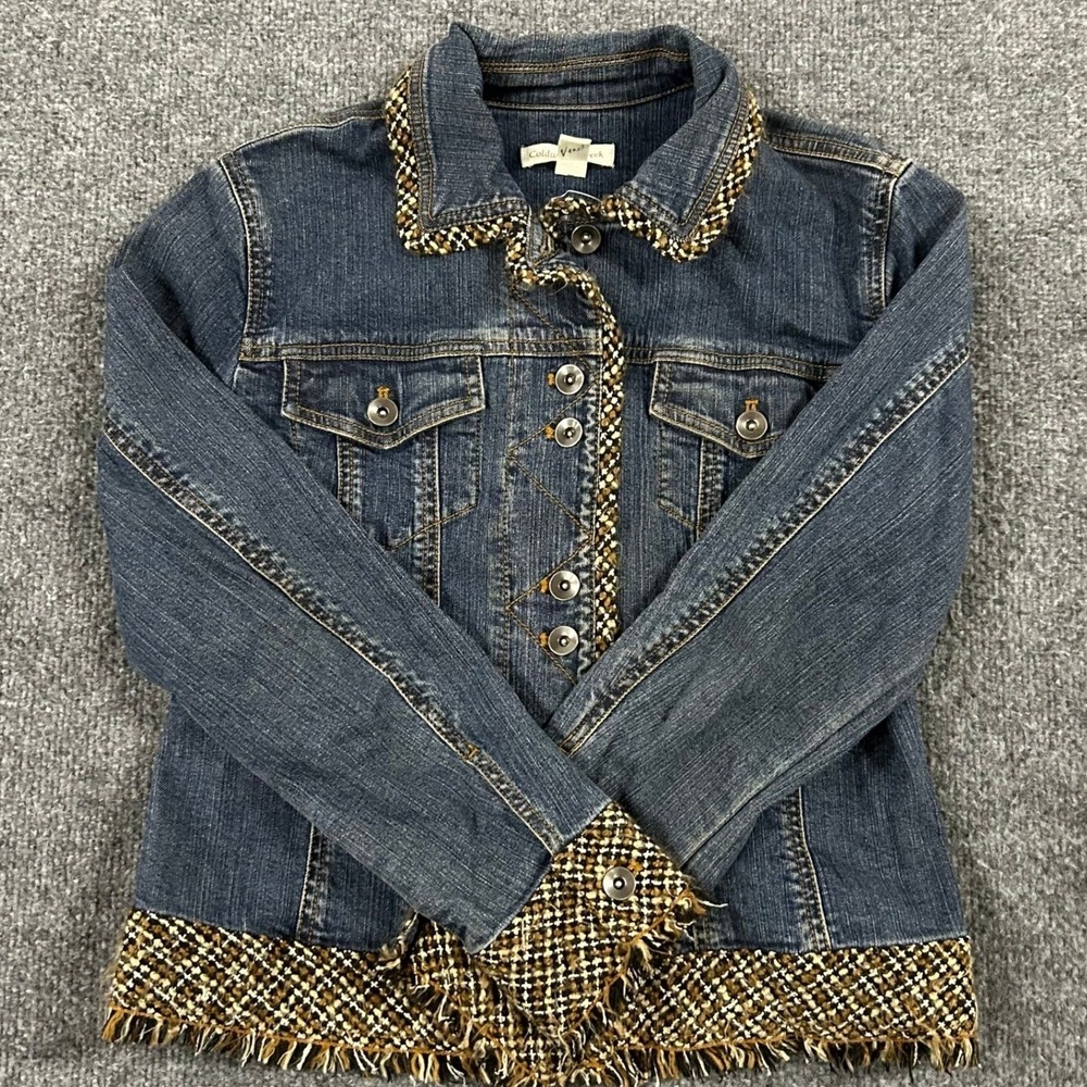 Coldwater Creek Denim Jacket Womens Size P8 Blue Tweed Trim Fringe Cotton